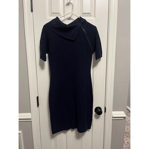 Calvin Klein Size Small Blue Knit Sweater Dress Asymmetric Neck Zip Collar